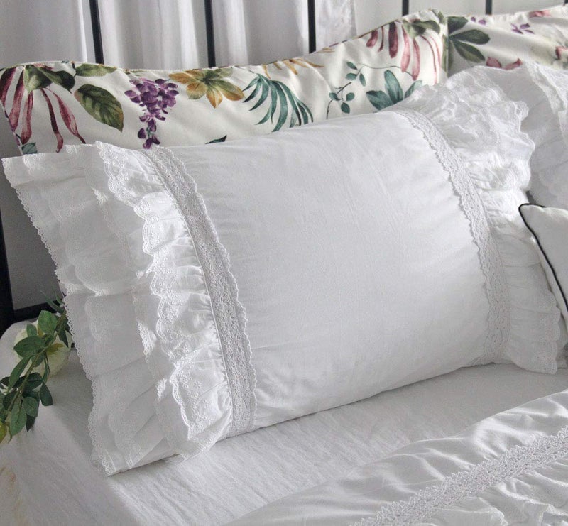QSH Luxury Eyelet Lace Ruffle Sheets Set King Size French Country Bedding 100% Washed Cotton Shabby Bed Sheet 4pcs Deep Pockets Ruffled Bed Sheets - Image 4